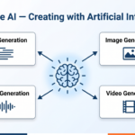 Generative AI types diagram showing text image audio and video creation for CBSE students