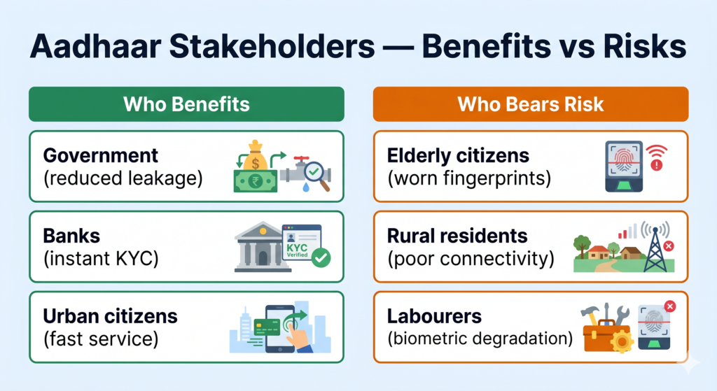 Stakeholder map showing who benefits and who bears risk in Aadhaar authentication