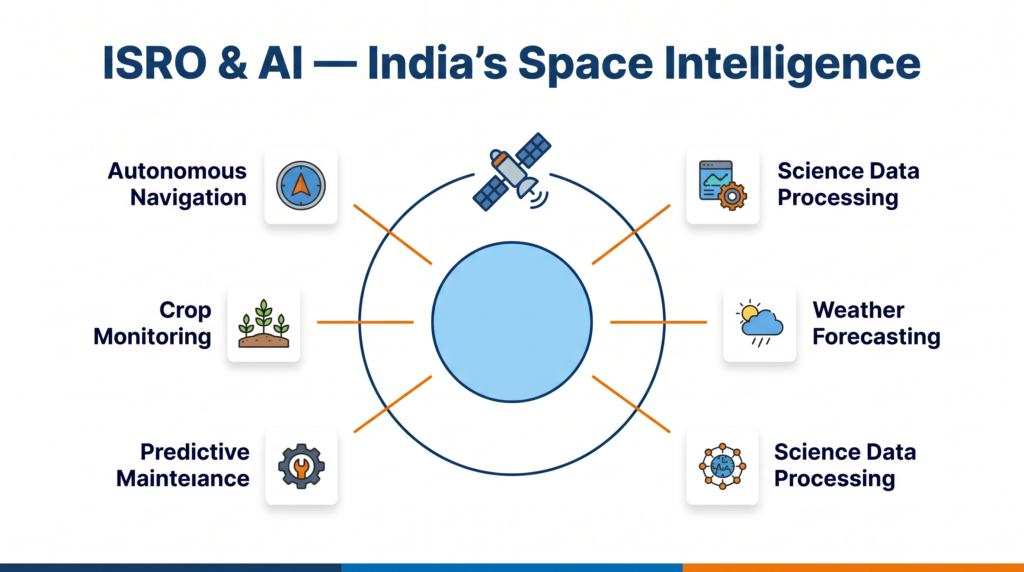 ISRO satellite orbit diagram showing AI-powered earth observation and navigation systems
