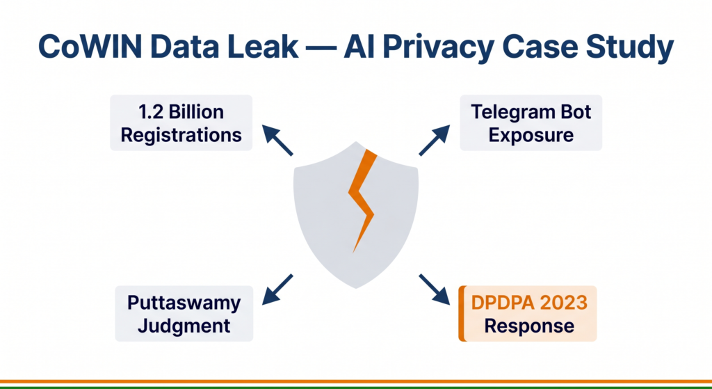 CoWIN app interface diagram with CBSE ethics framework overlay showing data privacy analysis