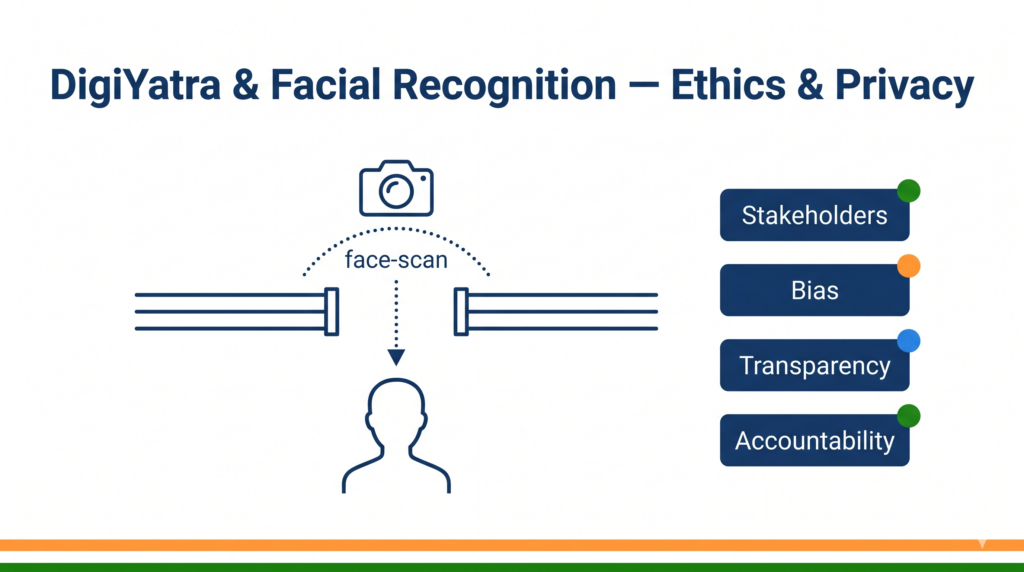 DigiYatra airport facial recognition boarding gate diagram with CBSE ethics framework labels