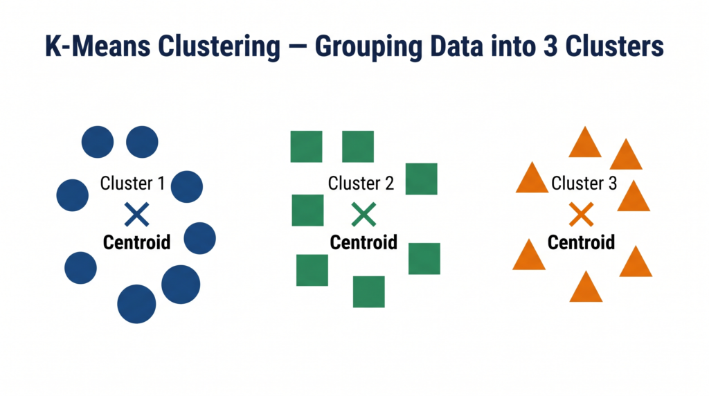 K-Means clustering result showing three clusters with centroids — CBSE Class 11 AI unsupervised learning diagram