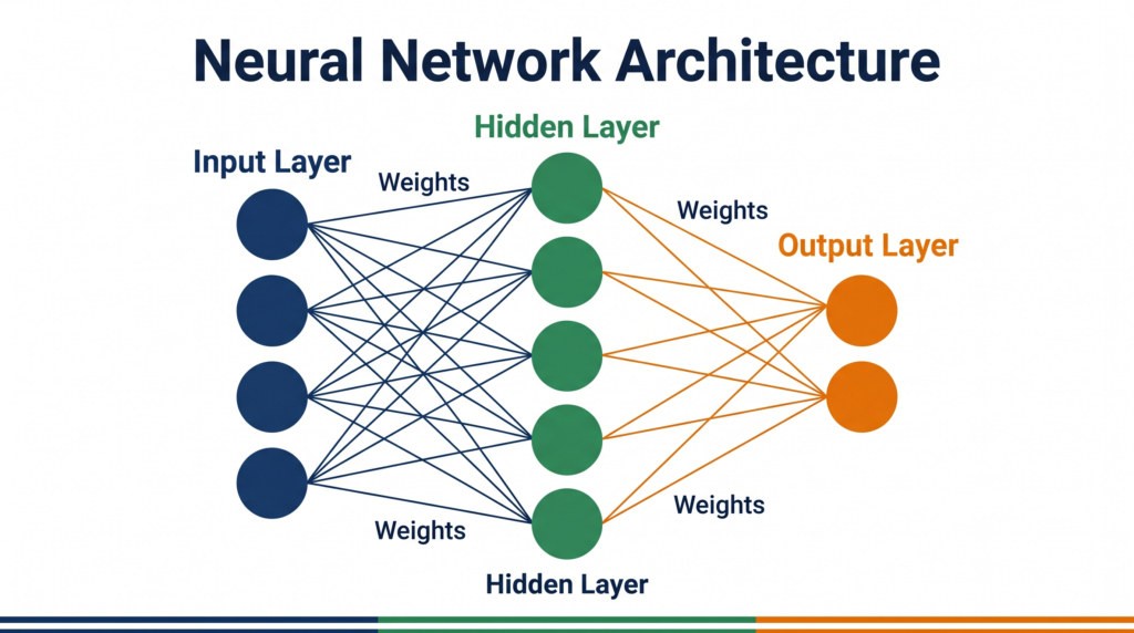 Neural network architecture diagram showing input hidden output layers CBSE AI